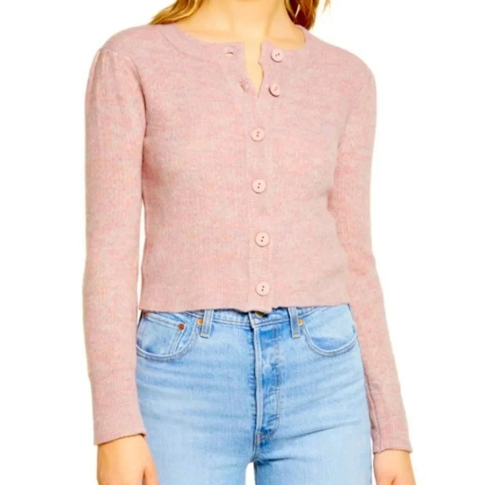 Wayf Pink Button-Front Cropped Cardigan